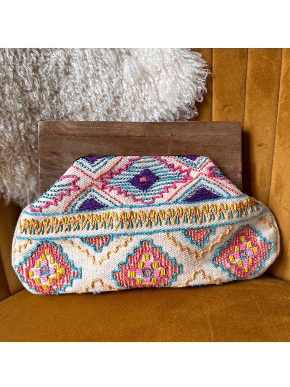 Embroidered/Beaded Multicolor Geometric Clutch - Cream Base